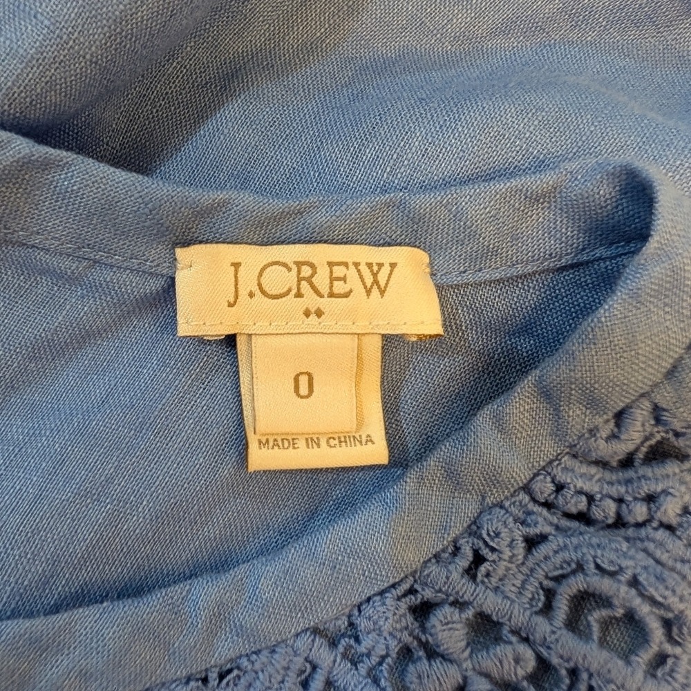 J.Crew Blue 100% Linen‎ Crochet Lace Yoke Short Sleeve Top C3489 Size 0 - Picture 13 of 14